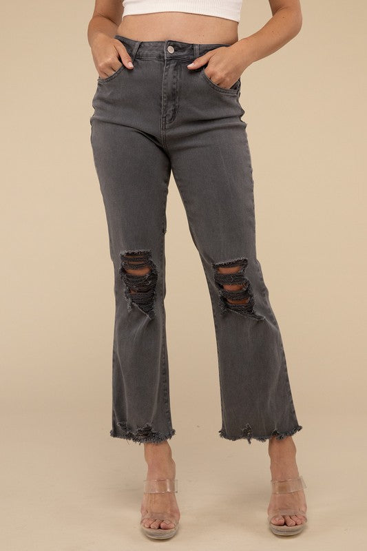 *Acid Washed High Waist Distressed Straight Pants