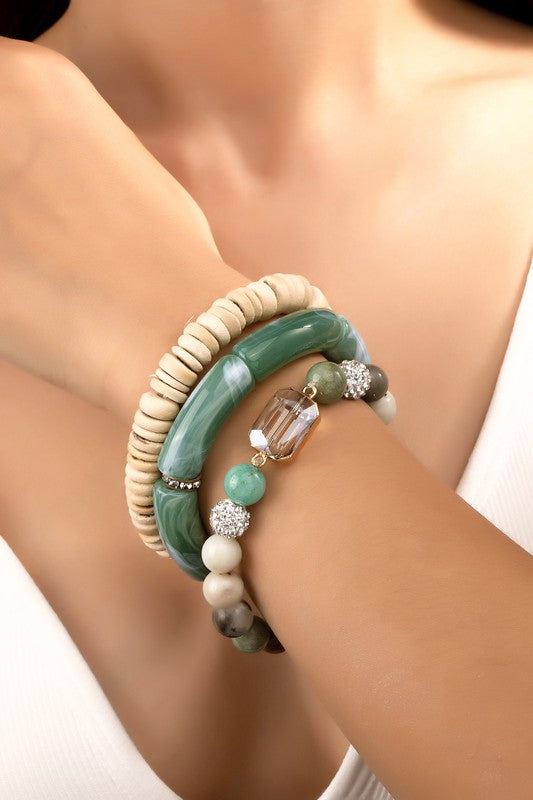 *3 Row Semi-Precious Stone & Wood Bead Bracelets