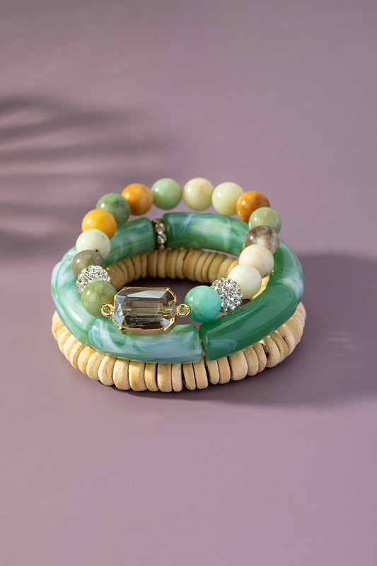 *3 Row Semi-Precious Stone & Wood Bead Bracelets