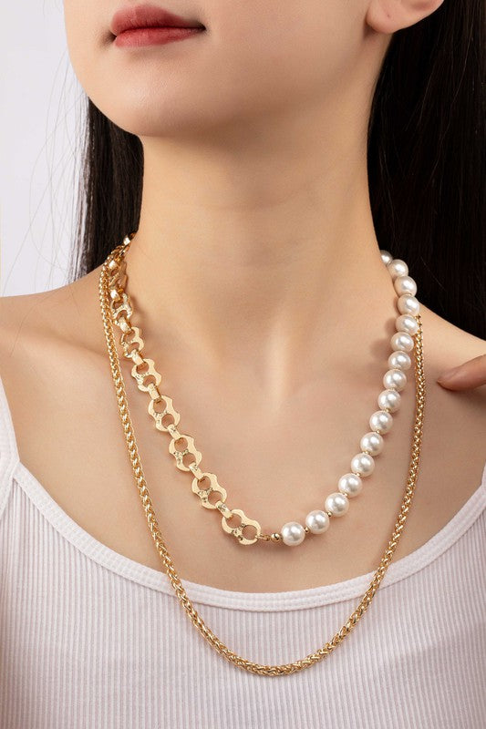 *Two Row Asymmetric Pearl & Chain Necklace