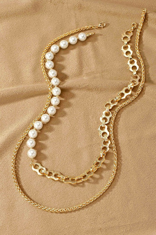 *Two Row Asymmetric Pearl & Chain Necklace