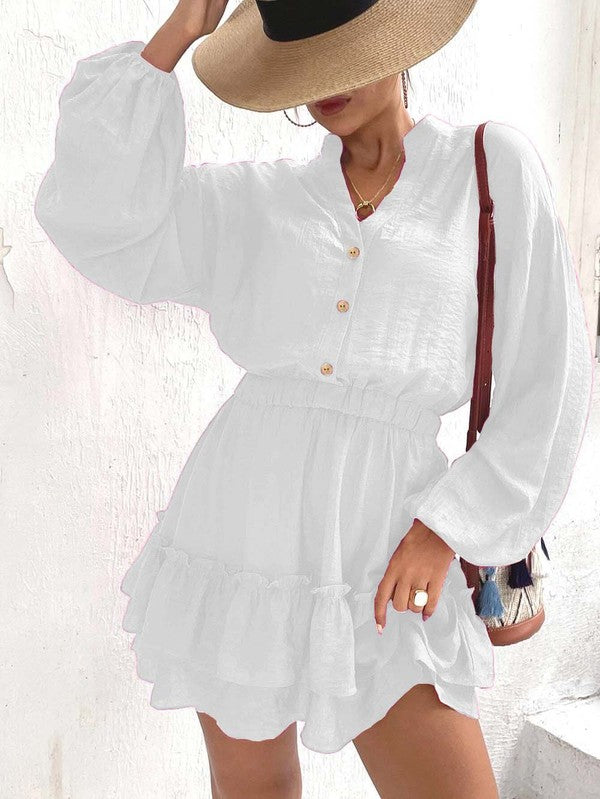 *Long Sleeve Button Front Ruffle Dress