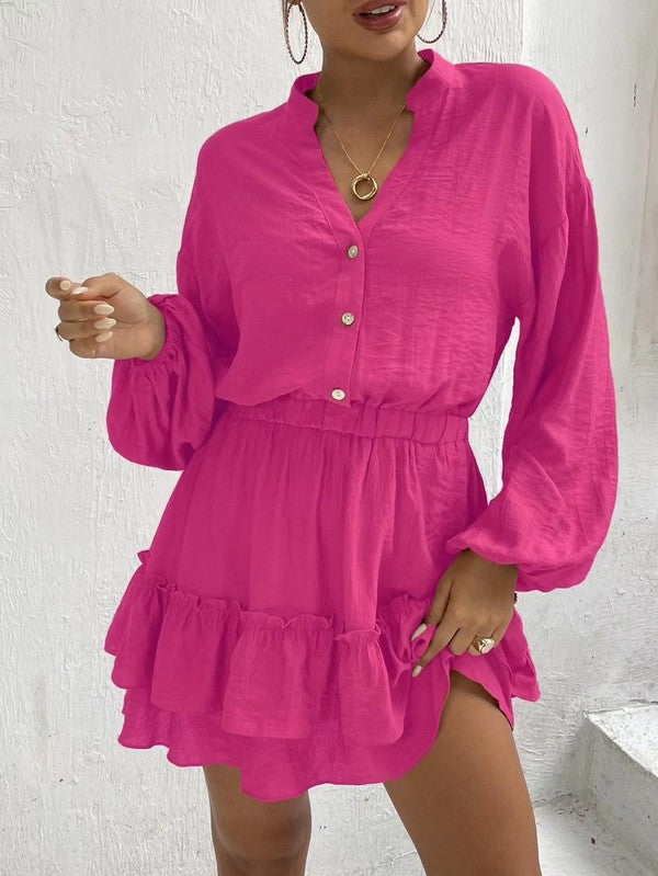 *Long Sleeve Button Front Ruffle Dress