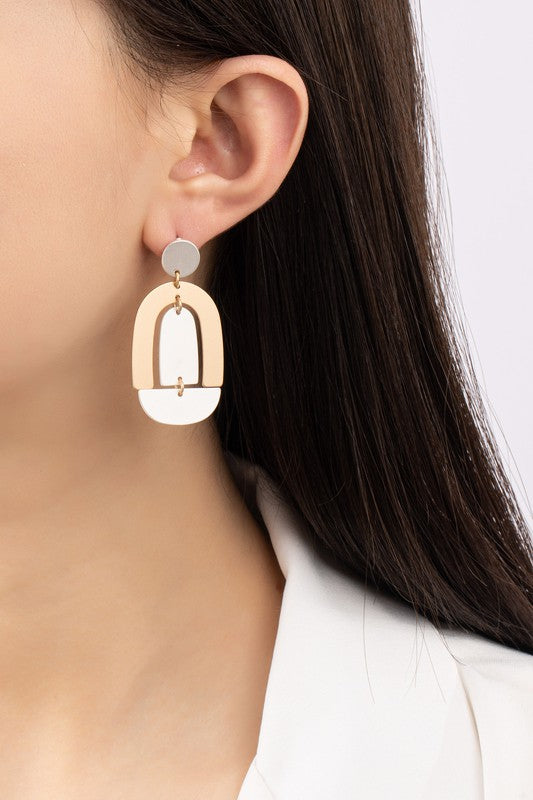 *Satin Surface Two Tone Geo Shape Drop Earrings