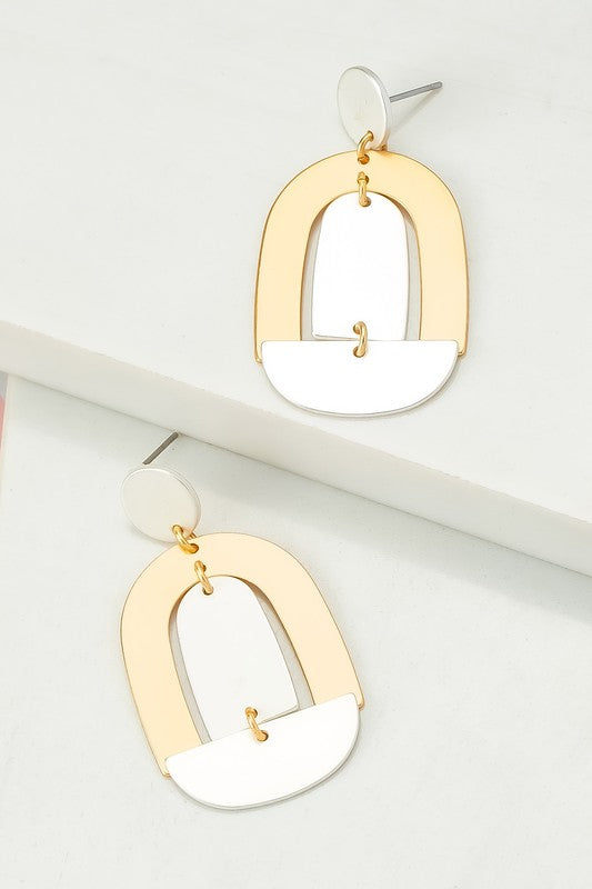 *Satin Surface Two Tone Geo Shape Drop Earrings