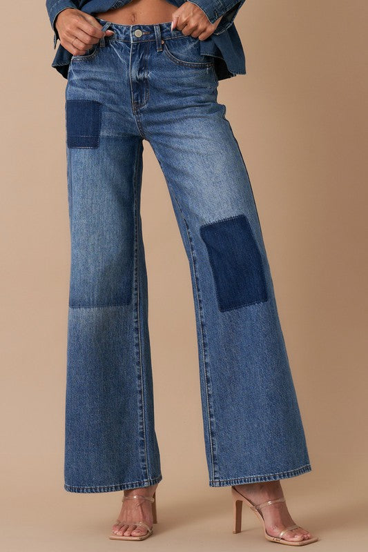 *Relaxed Wide Leg Patchwork Jeans