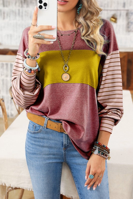 *Colorblock Striped Bishop Sleeve Side Slits Top