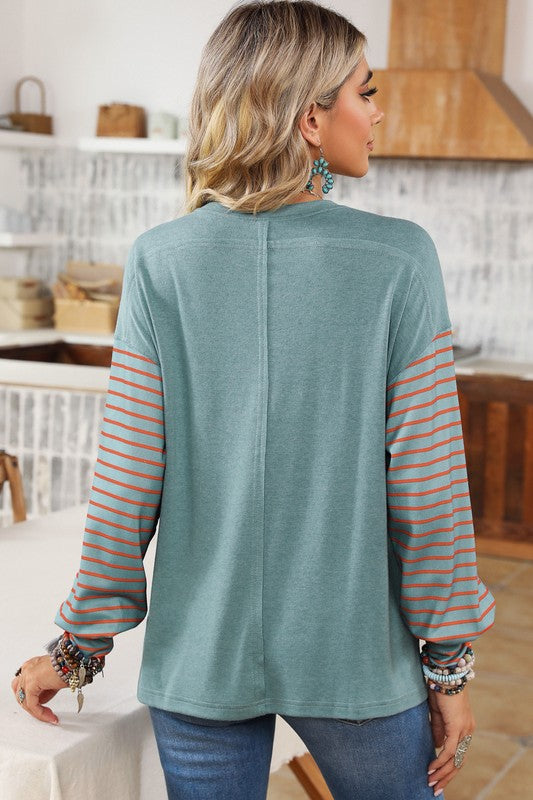 *Colorblock Striped Bishop Sleeve Side Slits Top