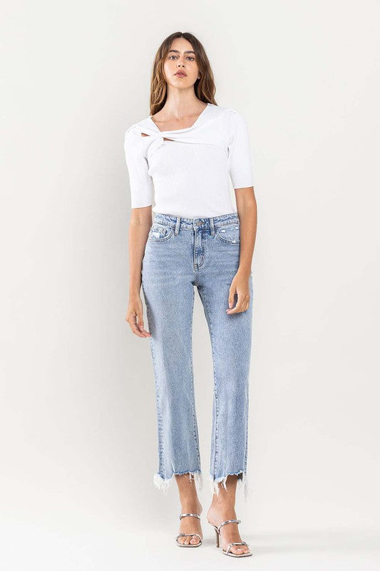 *High Rise Distressed Hem Crop Dad Jeans