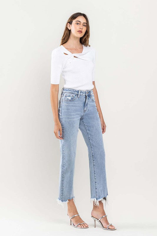 *High Rise Distressed Hem Crop Dad Jeans