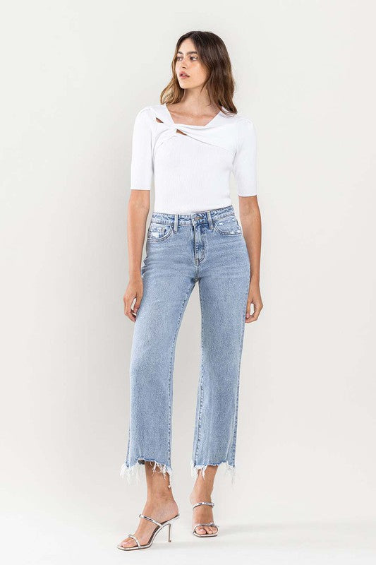 *High Rise Distressed Hem Crop Dad Jeans