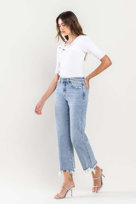 *High Rise Distressed Hem Crop Dad Jeans