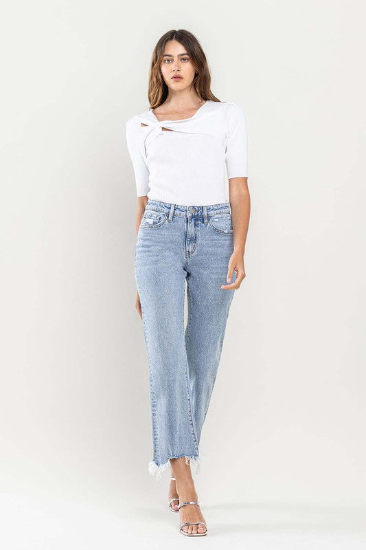 *High Rise Distressed Hem Crop Dad Jeans