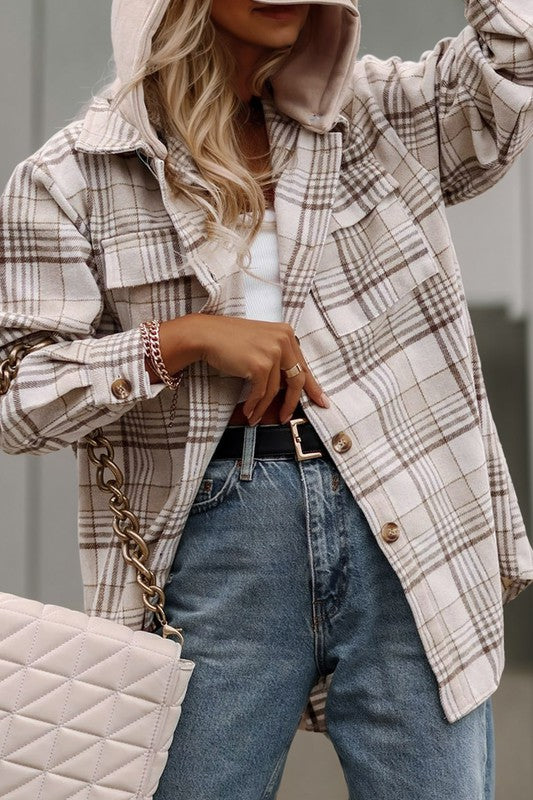 *Plaid Removable Hood Buttoned Shacket