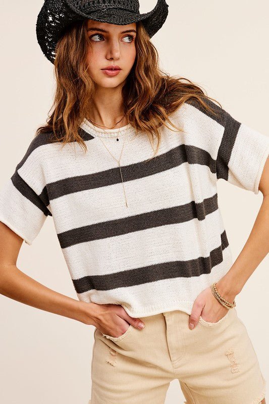 *Stripe Sweater Short Sleeve Top