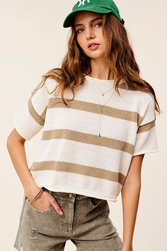 *Stripe Sweater Short Sleeve Top