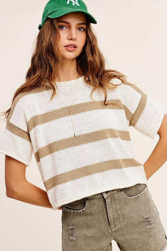 *Stripe Sweater Short Sleeve Top