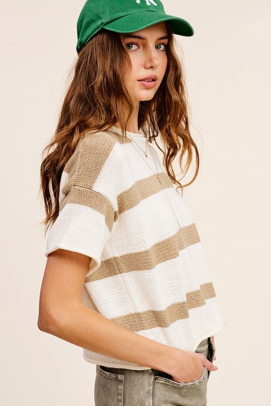 *Stripe Sweater Short Sleeve Top