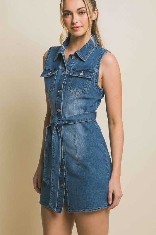 *Denim Strapless Dress with Waist Tie