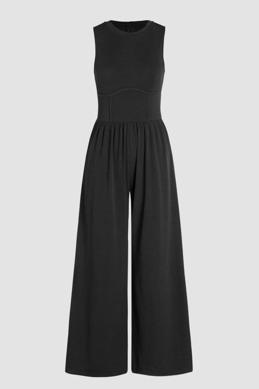 *Cinched Waist Sleeveless Wide Leg Jumpsuit