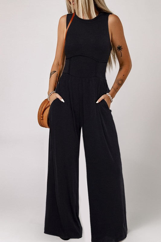 *Cinched Waist Sleeveless Wide Leg Jumpsuit