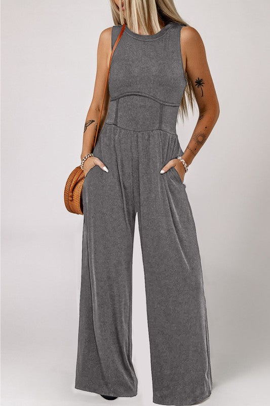 *Cinched Waist Sleeveless Wide Leg Jumpsuit