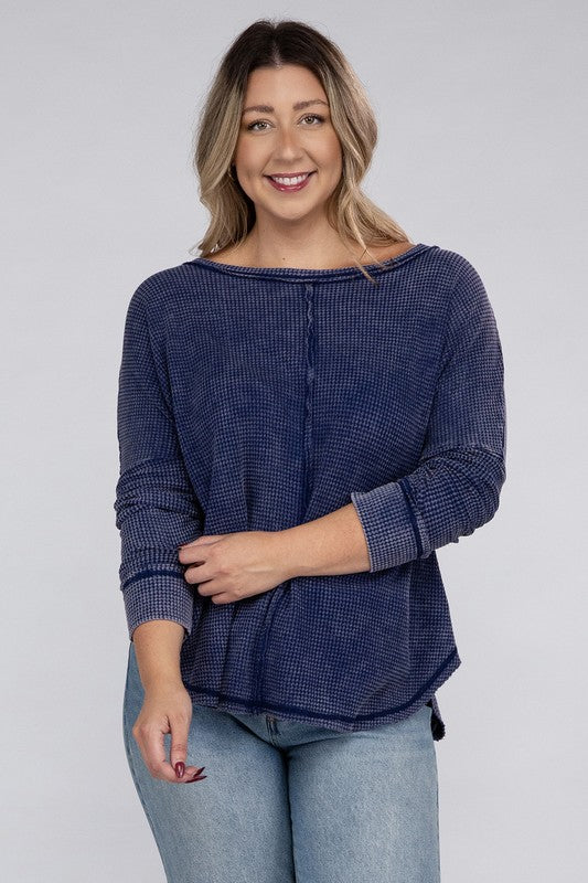 *Washed Baby Waffle Oversized Long Sleeve Top - Lovelier