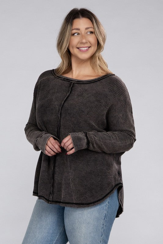 *Washed Baby Waffle Oversized Long Sleeve Top - Lovelier