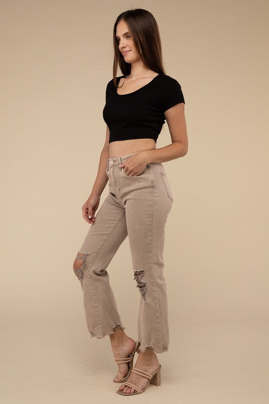 *Acid Washed High Waist Distressed Straight Pants