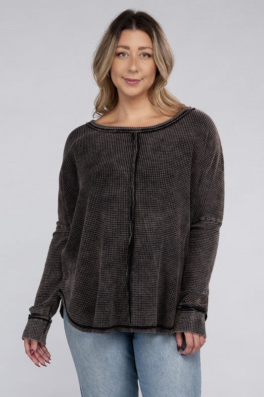 *Washed Baby Waffle Oversized Long Sleeve Top - Lovelier