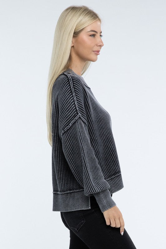 *Washed Side Slit Oversized Cropped Sweater