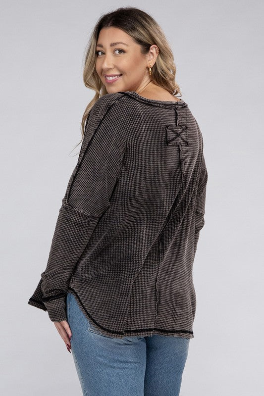 *Washed Baby Waffle Oversized Long Sleeve Top - Lovelier