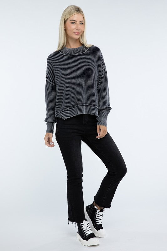 *Washed Side Slit Oversized Cropped Sweater