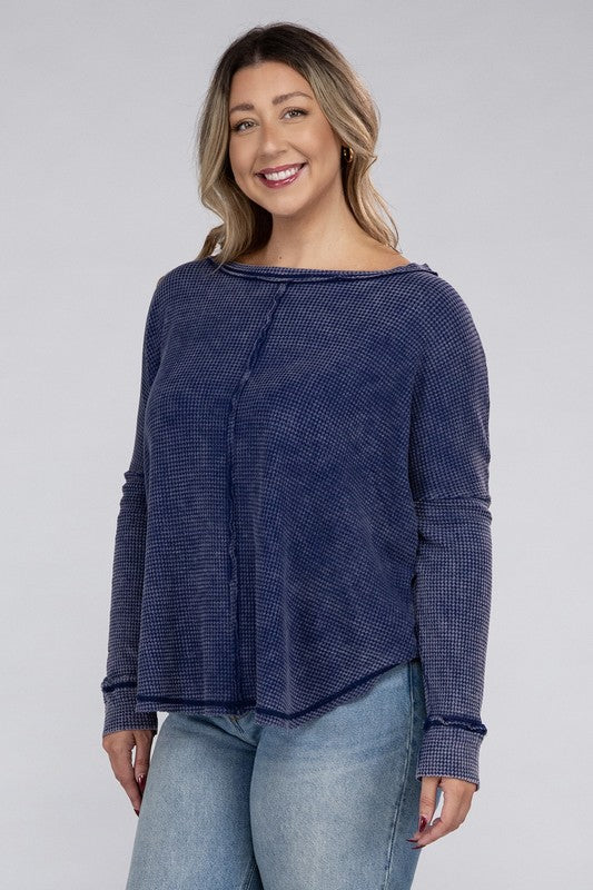 *Washed Baby Waffle Oversized Long Sleeve Top - Lovelier