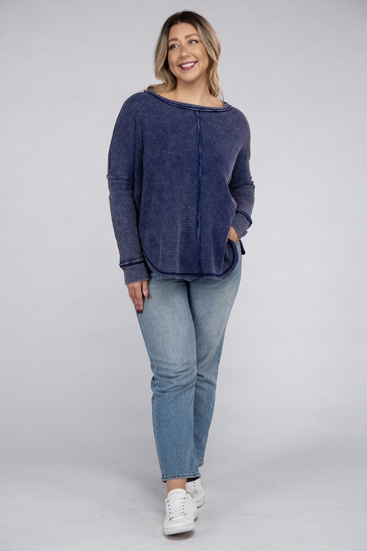 *Washed Baby Waffle Oversized Long Sleeve Top - Lovelier