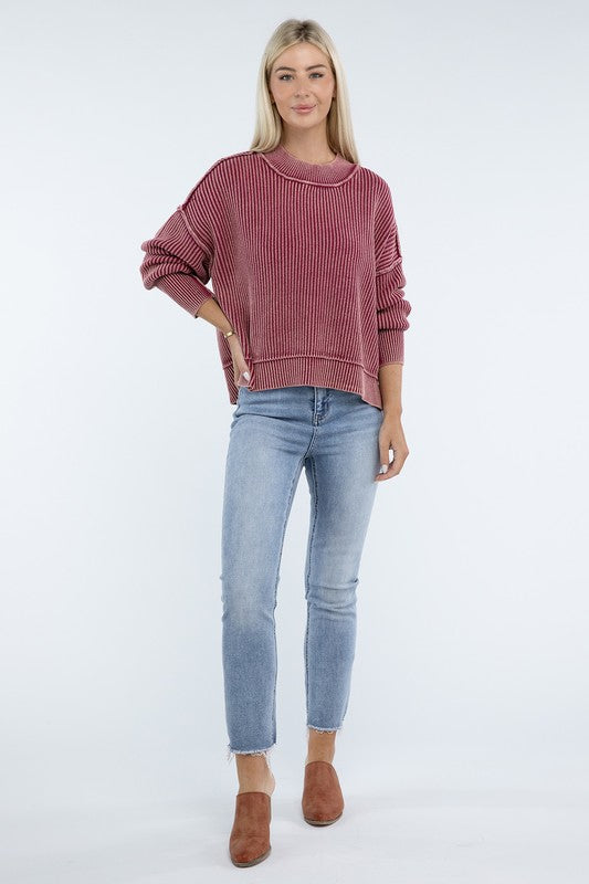 *Washed Side Slit Oversized Cropped Sweater