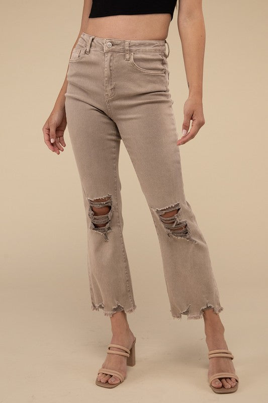 *Acid Washed High Waist Distressed Straight Pants