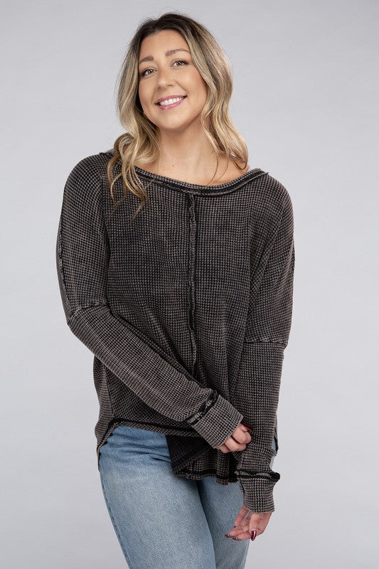 *Washed Baby Waffle Oversized Long Sleeve Top - Lovelier