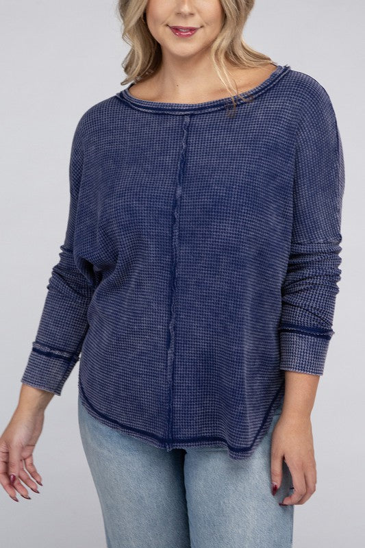 *Washed Baby Waffle Oversized Long Sleeve Top - Lovelier