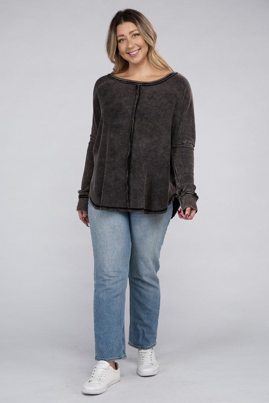 *Washed Baby Waffle Oversized Long Sleeve Top - Lovelier