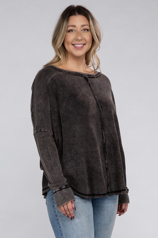 *Washed Baby Waffle Oversized Long Sleeve Top - Lovelier