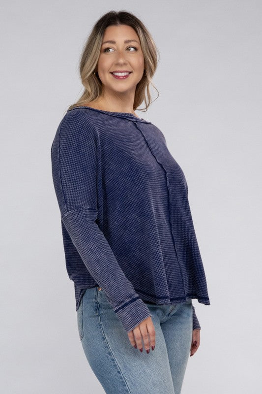 *Washed Baby Waffle Oversized Long Sleeve Top - Lovelier