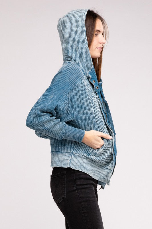 *Acid Wash Cotton Waffle Hooded Zip-Up Jacket